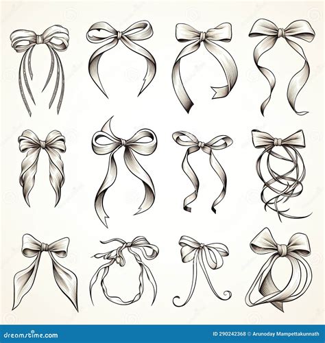 Set Of Hand Drawn Decorative Bow With Long Curled Ribbon Isolated On