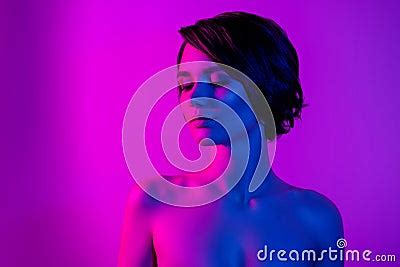 Photo Portrait Calm Pretty Girl Nude Shoulders Wear Bob Hairstyle Dreamy Isolated Neon Pink