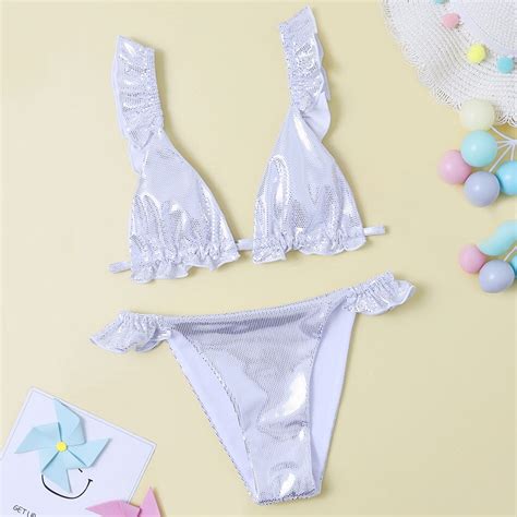 Girls Metallic Ruffle Trim Triangle Bikini Set Sex Vicedeal