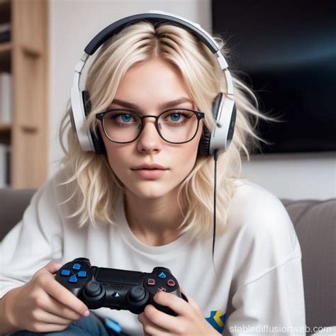 Blonde Instagram Model Gaming On Sofa Stable Diffusion Online