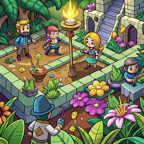 cartoon illustration   garden   couple  kids playing