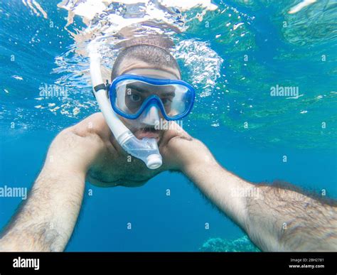 snorkeler  underwater selfie stock photo alamy