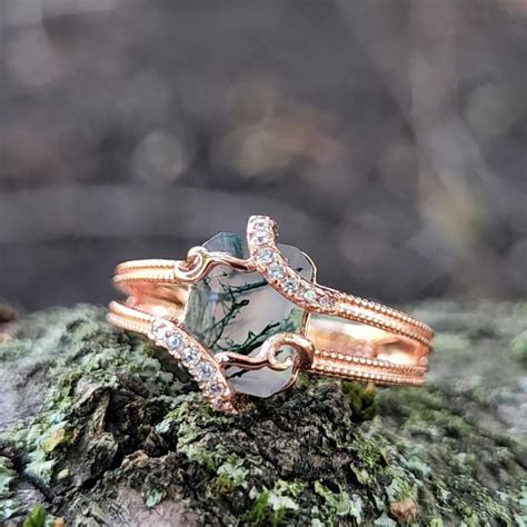 Moss Agate Engagement Ring With Rose Gold And Accent Diamonds Etsy