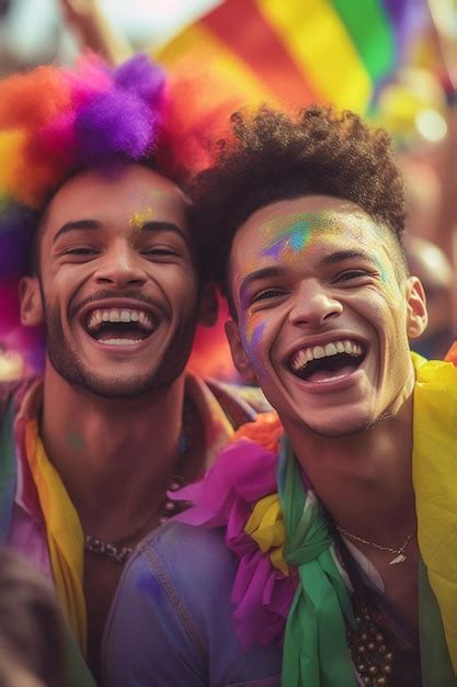 Casal Sorridente Celebrando A Parada Do Orgulho Gay Lgbtq No M S Do Orgulho Gay De S O Paulo No