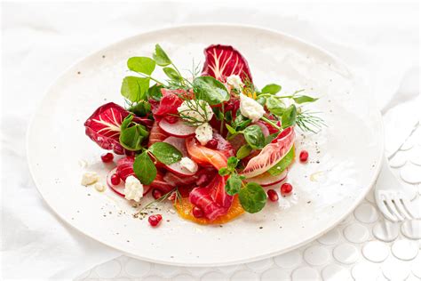 Beetroot Cured Salmon Salad With Orange Radicchio And Pomegranate Jewels