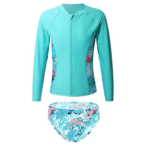 Iixpin Rash Guard Sets For Girls Upf Long Sleeve Swim Zip Up Coat With Bikini Brief Bathing
