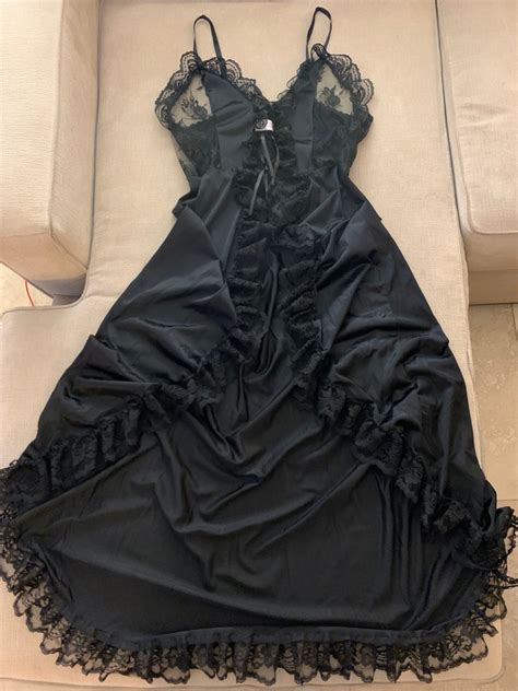 Vintage Sheer Nightgown By Faris Lingerie Sexy Black Chiffon Negligee Lace And Spaghetti Straps