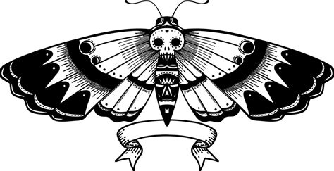 traditional black linework tattoo with banner of a deaths head moth ...