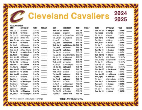 Printable 2024-2025 Cleveland Cavaliers Schedule