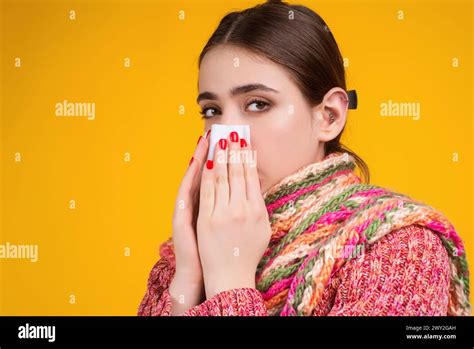 Blow The Snot Woman In Sweater And Scarf Hold Napkin Blow Snot Isolated On Yellow Mucus