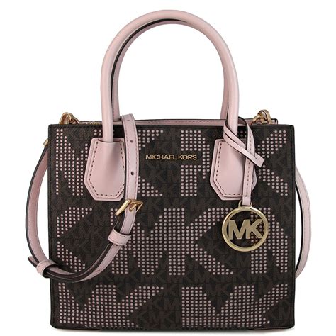 Michael Kors Mercer 金字大圓標logo洞洞皮革三層兩用包咖啡x裸膚粉 手提包兩用包 Yahoo奇摩購物中心