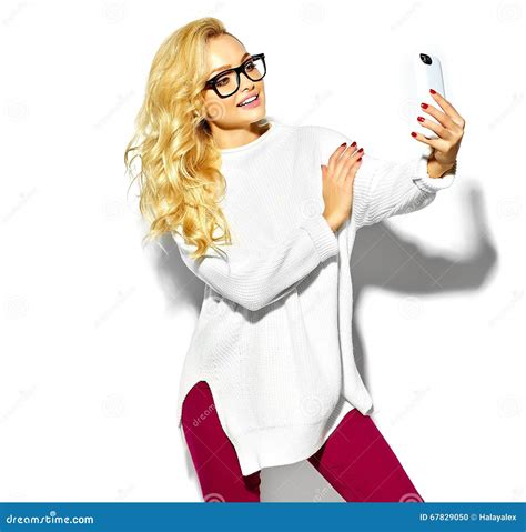 Sweet Blonde Model In Casual Clothes Stock Photo Image Of Cute Mobile