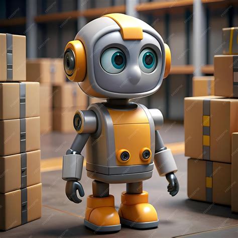 A friendly robot stands in a warehouse surrounded by boxes ready to
