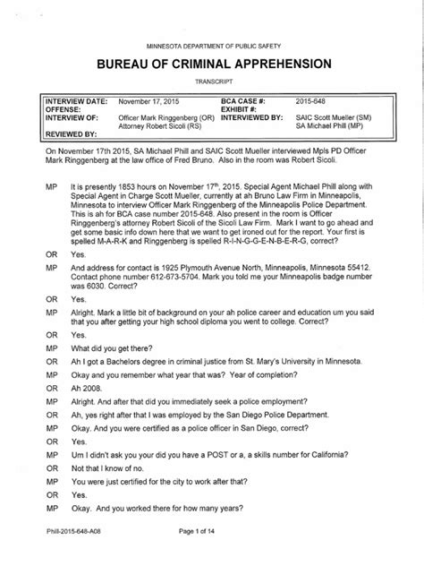 Transcript Of Officer Mark Ringgenberg Interview Pdf