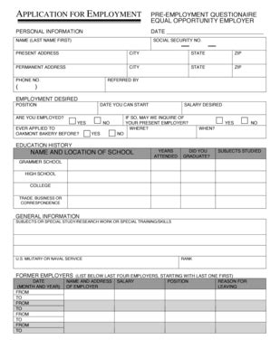 Fillable Online Application For Employment Pre Employment Questionaire