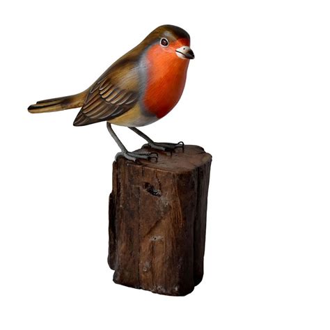 Hand Carved And Painted Wooden Bird Ornament Robin Redbreast The