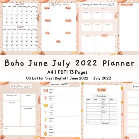 July Calendar Calender Planner Printables Lettering Boho Digital