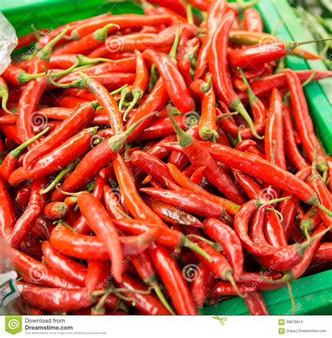 Red Chilli Pepper On The Stall In The Market Asian Herbs Stock Photo