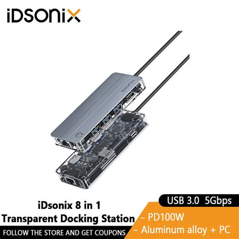 IDsonix 8 In 1 Transparent Type C Docking Station USB 3 0 HUB 4K 30Hz