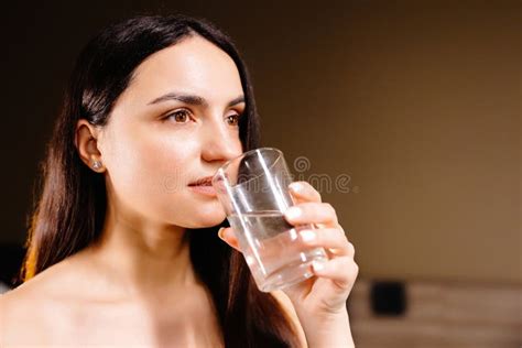 Pretty Brunette Drinking Water Standing Near Bed Home Bedroom Stock Photos Free Royalty Free