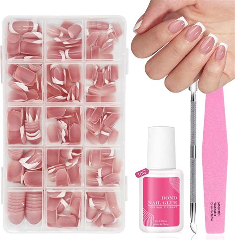 Press On Nails Pcs French False Nails Short French Tip Nude Color False Nail Kit Cute
