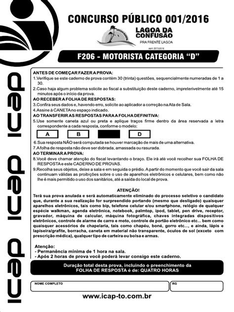 Prova De Concurso Para Motorista Categoria D Com Gabarito - Prova Da Instituição ICAP de Concursos - Motorista Categoria "D" | PDF