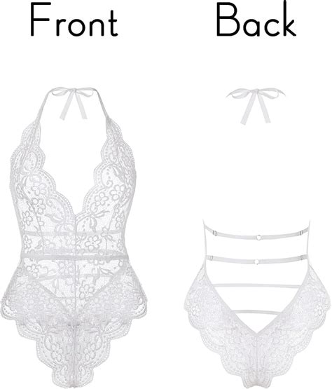 Buy Kaei Shi High Cut Halter Deep V Neck Lingerie Floral Lace Bodysuit Plunge Teddy See Through