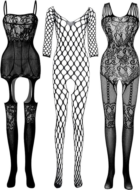 Elefis 3 Piece Set Fishnet Bodysuit Sexy Lingerie For Women With Lace Garter Belts One Piece