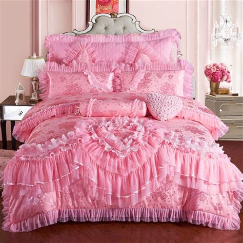 Red Pink Luxury Lace Wedding Bedding Set King Queen Size Princess Bed