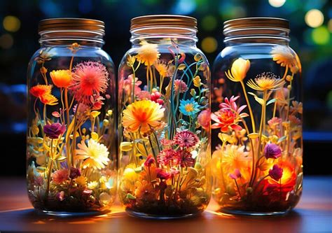 Premium AI Image | glass jars are filled with colorful flowers and leaves