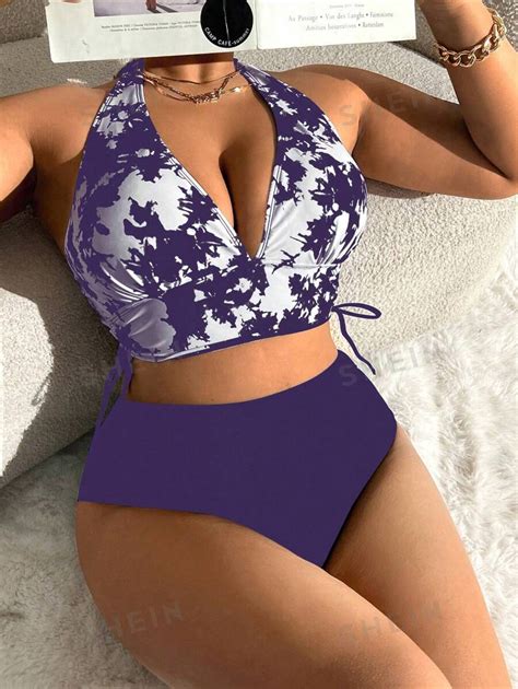 Shein Swim Curve Plus Size Women Vacation Pure Tie Dye Halter Strap Simple Chic Bikini Set