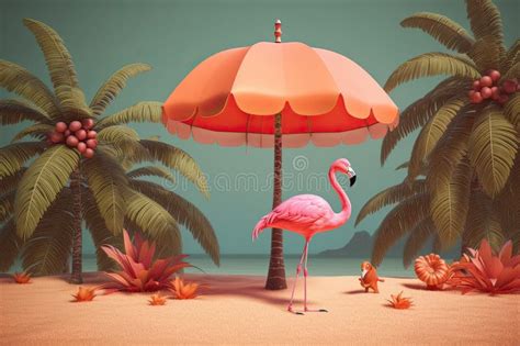 Illustration Of Seascape With Of Exotic Palms Flamingo Sun Umbrella