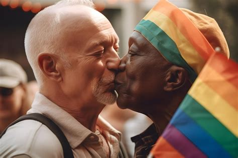 Casal gay se beijando na frente de uma bandeira de arco íris generative ai Foto Premium
