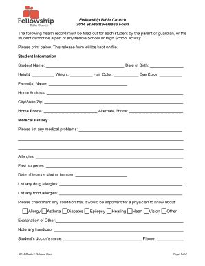 Fillable Online Gardnerfbc FBC Medical Release Form 2014 Fellowship