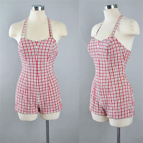 Vintage 50s Jantzen Playsuit Romper 1950s Red Plaid Stripes Tartan