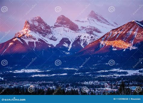 Three Sisters Mountain View At Sunrise Time In Canmore Town Canada