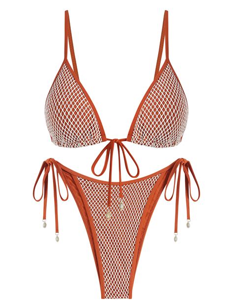 ZAFUL Women Triangle String Two Piece Bikini Fishnet Mesh Tie Shell Decor Tanga Piece Swimsuit