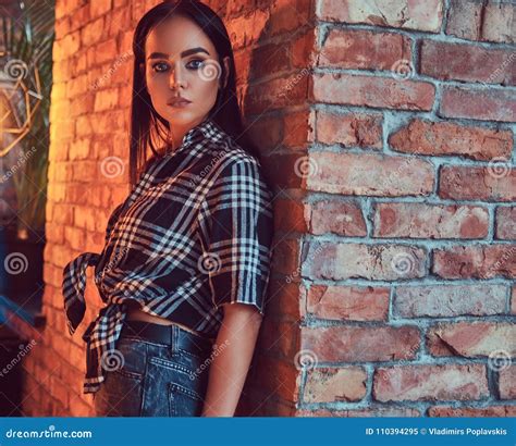 Portrait Of An Attractive Brunette Dressed In Flannel Shirt Stock Image Image Of Brunette