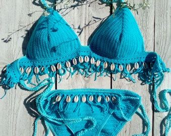 Crochet Bikini Set In Aqua Blue Light Turquoise With Seashells Can Be Made In Any Color Etsy