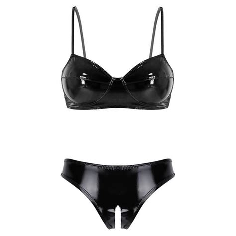 Yonghs Fr Ensemble Lingerie Femme Sexy Cuir Verni String Ouvert