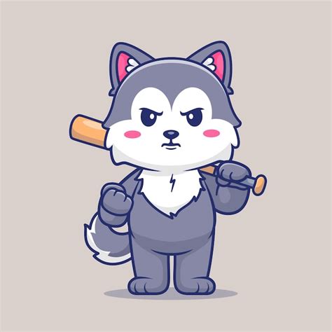 Cute Husky Dog Holding Baseball Bat Cartoon Vector Icon Ilustração