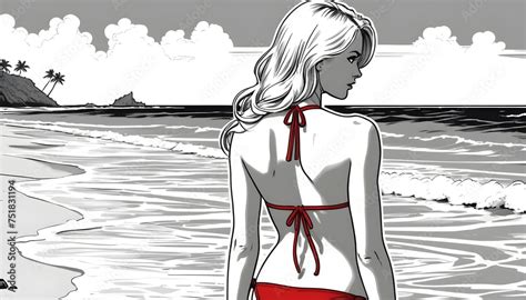 ภาพประกอบสตอก Blond model girl in bikini on a beach black and white comic with red bikini
