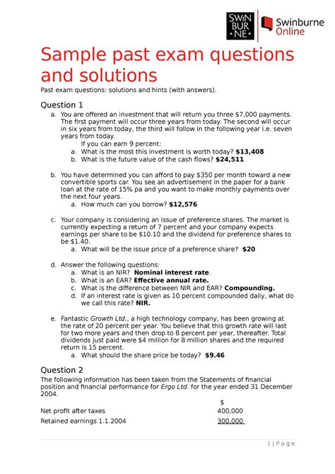 Sample/practice exam, questions and answers - Sample past exam
