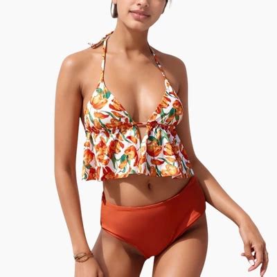 Anna Kaci Swim Women S Halter Bikini Set With Ruffle Tank Style Top And High Waist Bottoms