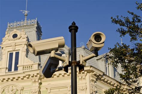 Security CCTV Camera On Street Lamp Stock Image Image Of Insurance