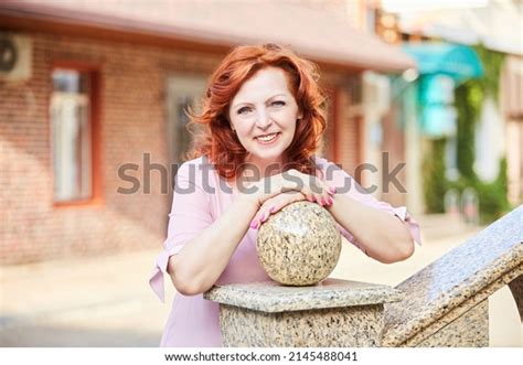 Portrait Beautiful Red Haired Mature Woman Pink Stock Photo Shutterstock