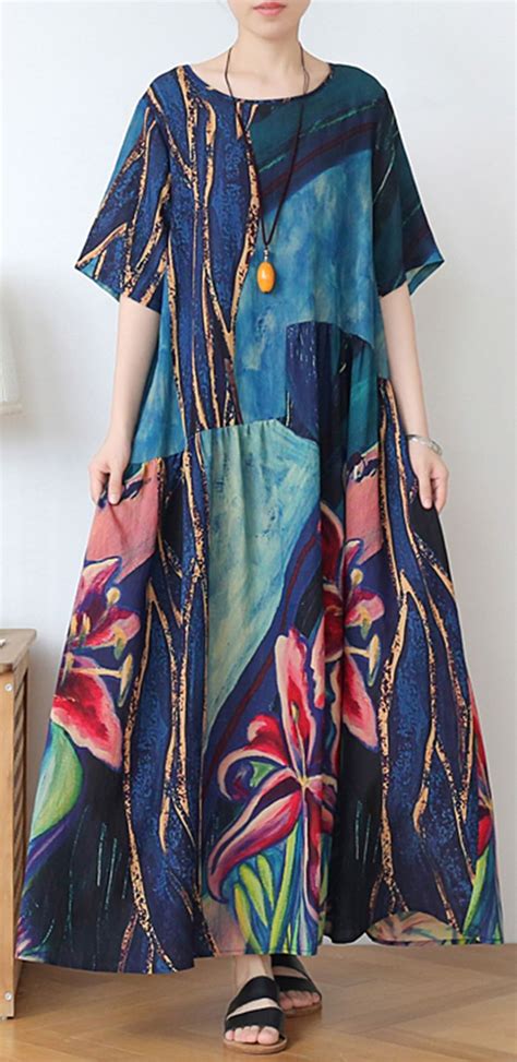 italian blue print linen clothes  neck extra large hem dresses summer