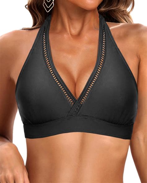 Tempt Me Women Black Halter Bikini Top Padded Swimsuit Top V Neck Bathing Suit Tops Only XXL For