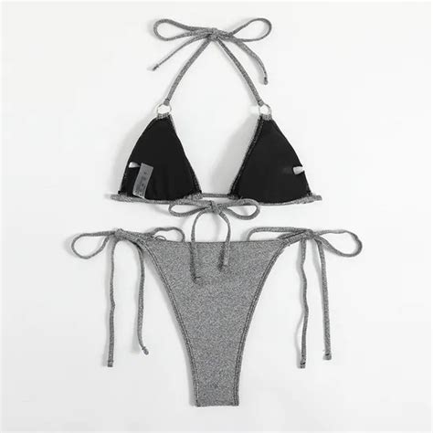Fashion Sexy Women S Swimsuit Glitter Fabric Lace Up Silver Two Piece Bikini Bikini And Micro