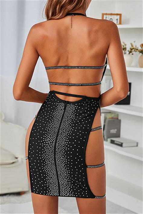 Wholesale Black Sexy Patchwork Hot Drilling Hollowed Out Backless